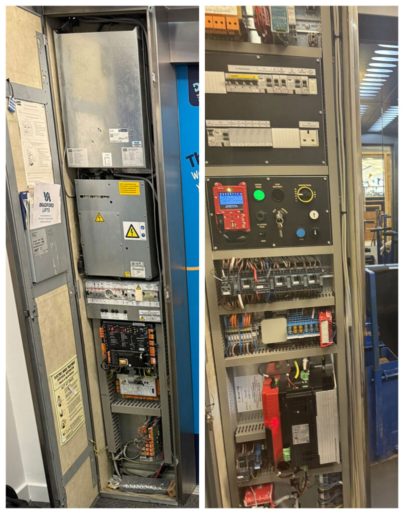 Close-up of an elevator control panel with various electrical components and wiring.