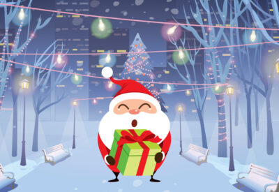 A cheerful cartoon Santa holding a gift in a snowy, festive park with twinkling lights.