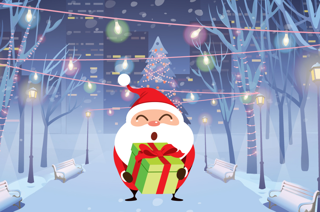A cheerful cartoon Santa holding a gift in a snowy, festive park with twinkling lights.