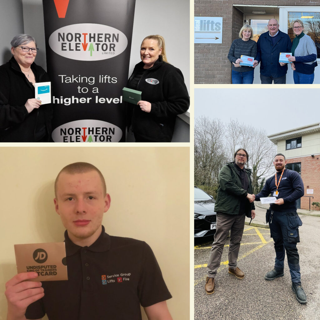 A collage featuring staff from Northern Elevator, award presentations and a young man holding a card during the Find Santa competition.