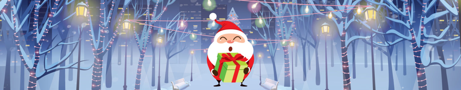 A cheerful Santa Claus holding a gift in a snowy, decorated park with glowing lanterns.