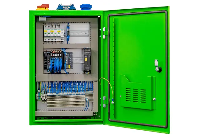 Open green electrical control cabinet displaying various components and wiring inside.
